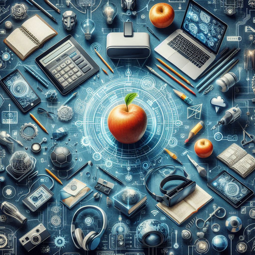 A collage of various educational technology tools, including tablets, laptops, virtual reality headsets, online learning platforms, and futuristic elements symbolizing innovation in education.